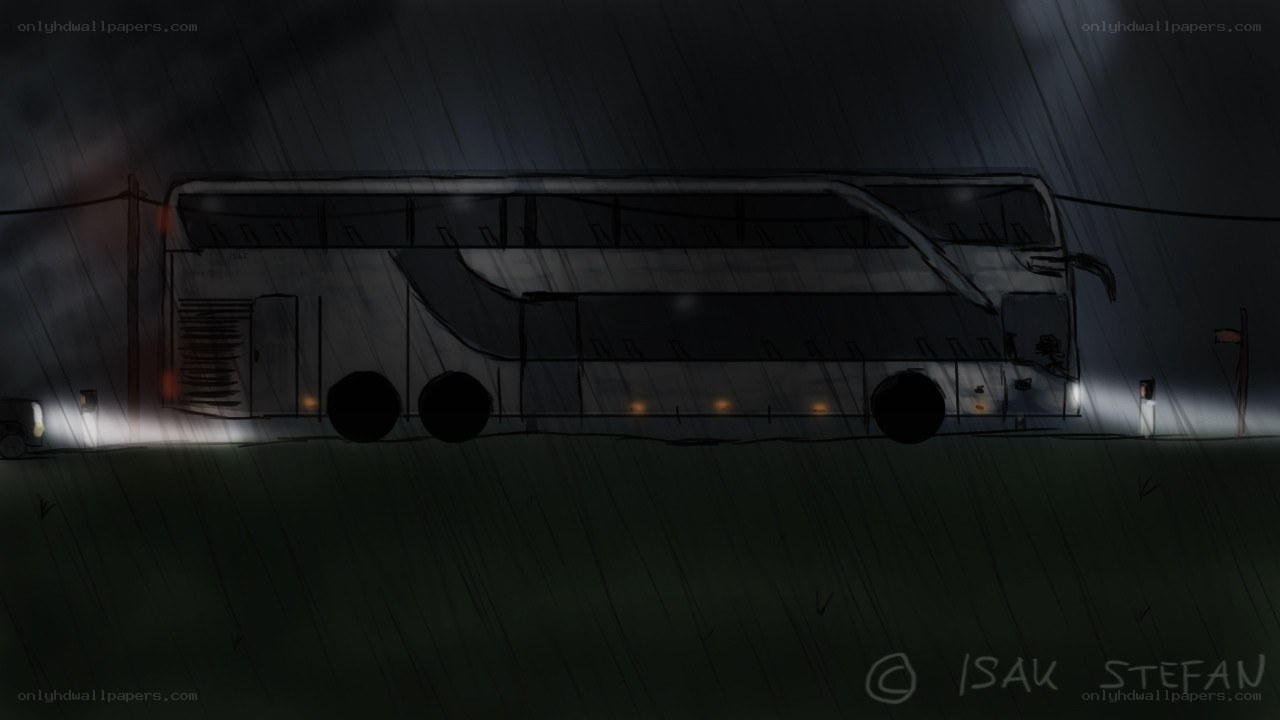 Bus in the rain at night