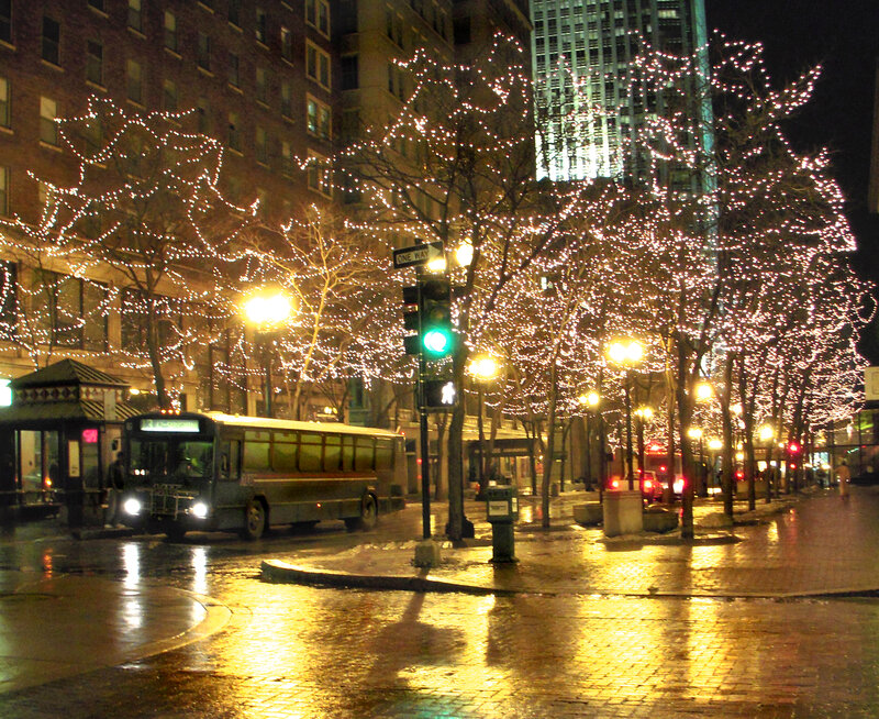 Bus on Wet Street — Yellow