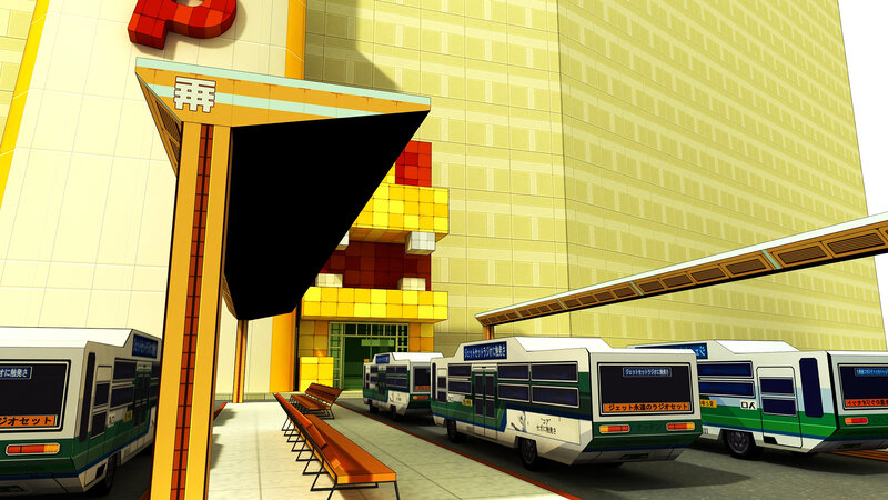 Bus station with colorful buildings