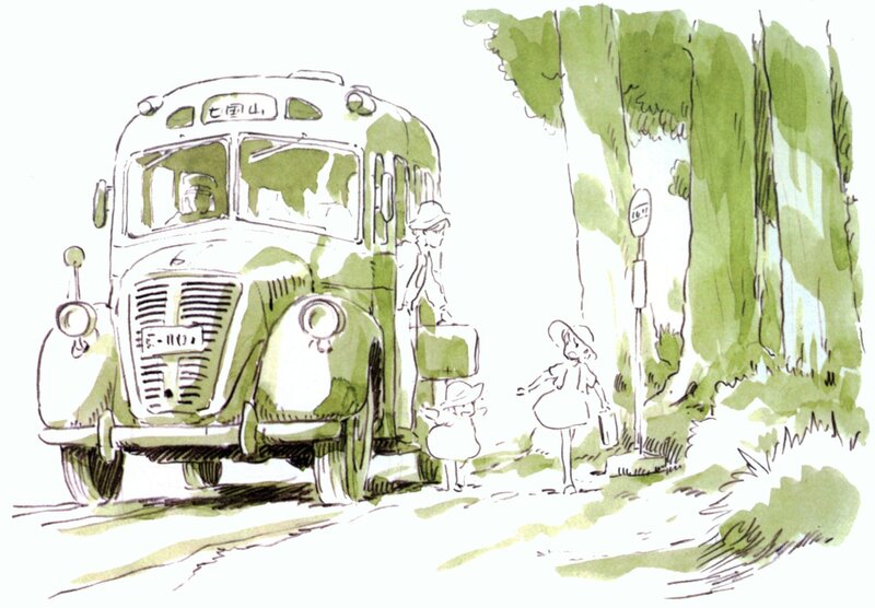 Bus stop in a green landscape