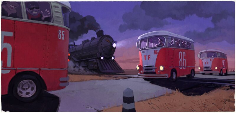 Buses and a steam train