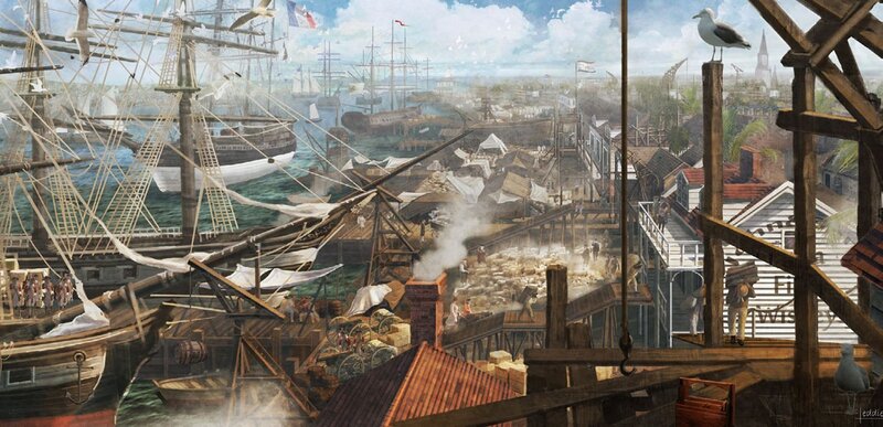bustling colonial port scene