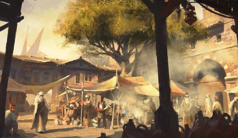 bustling market in ancient city