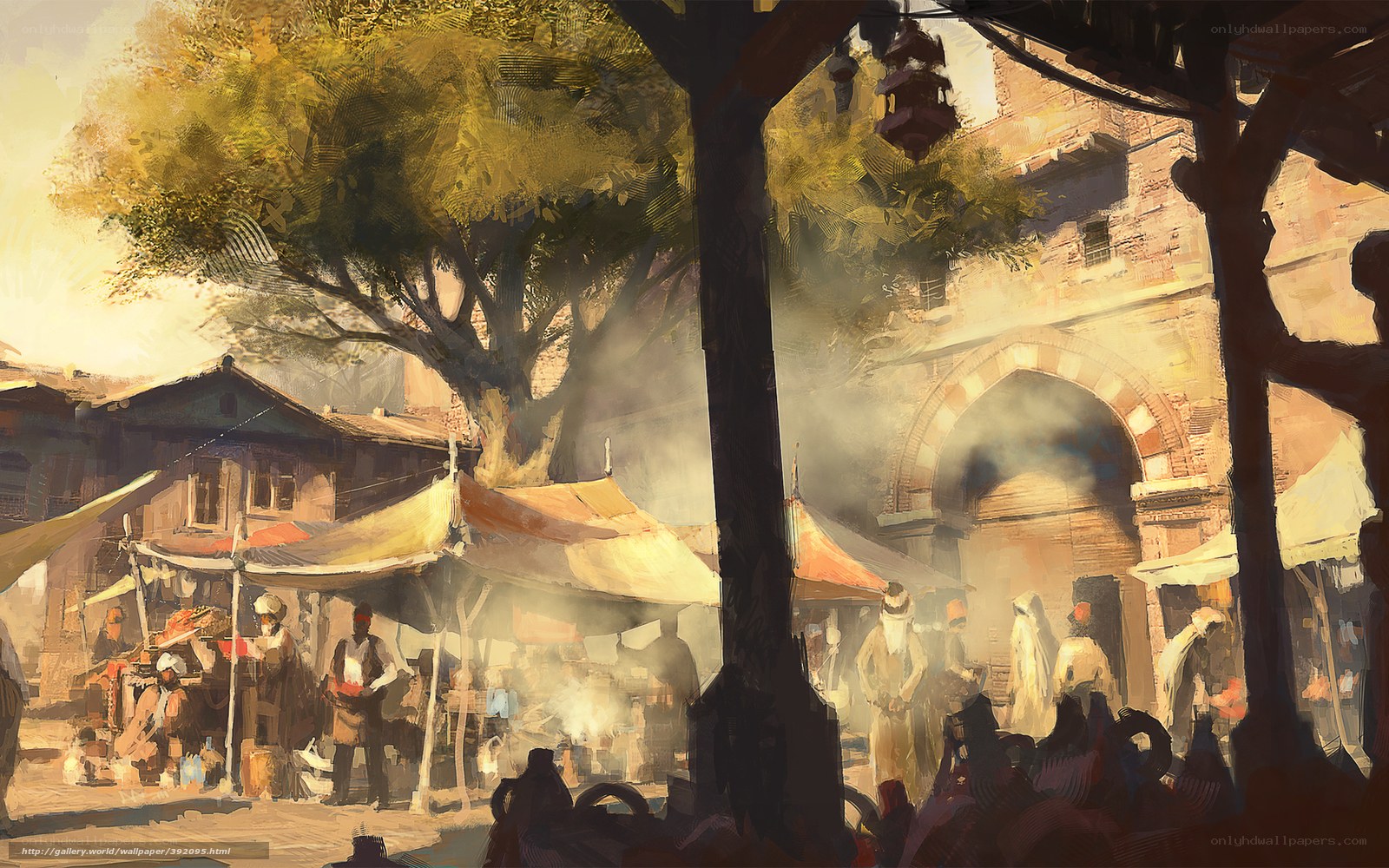 bustling market under golden light