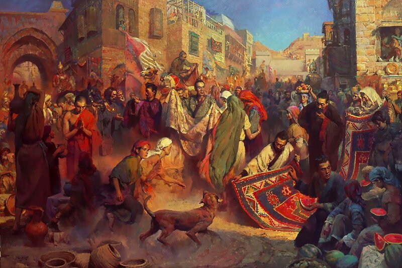 Bustling Middle Eastern market scene