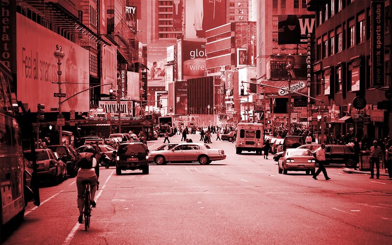 busy city street with billboards