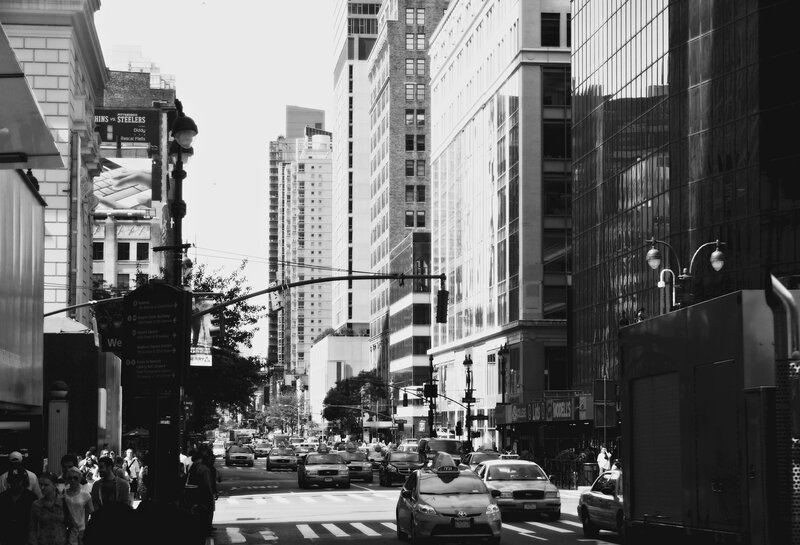 Busy city street with taxis