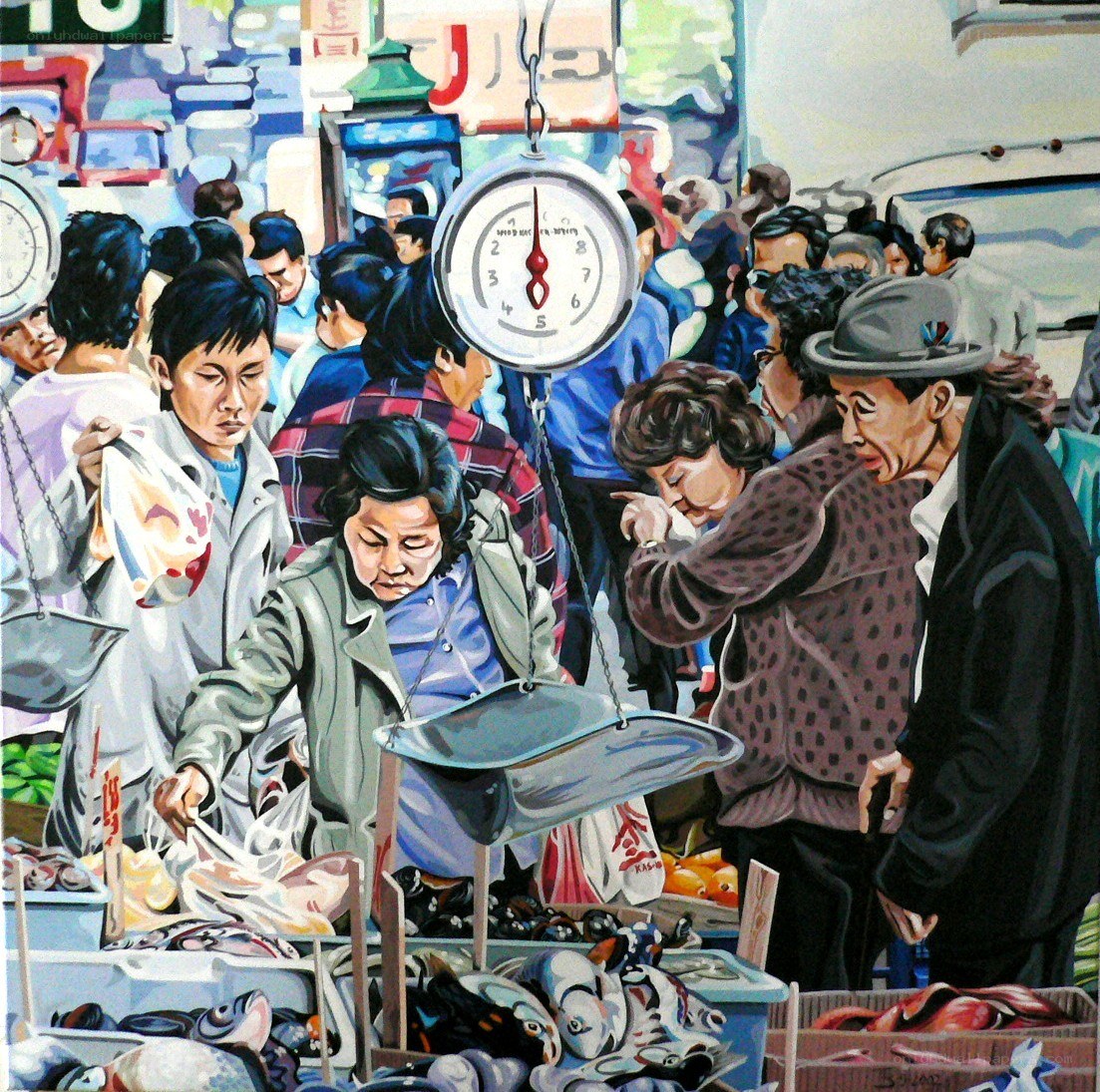 Busy fish market scene