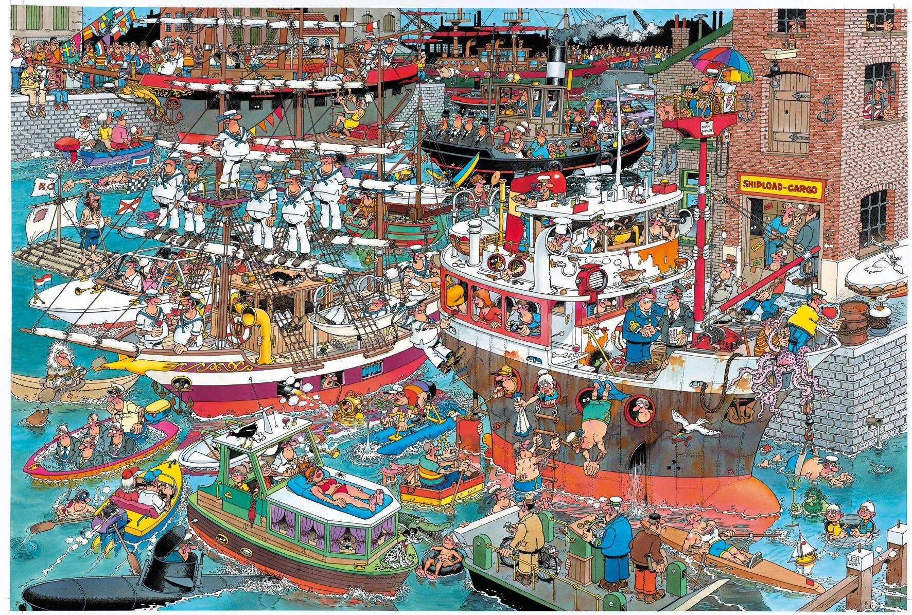 Busy harbor chaos scene