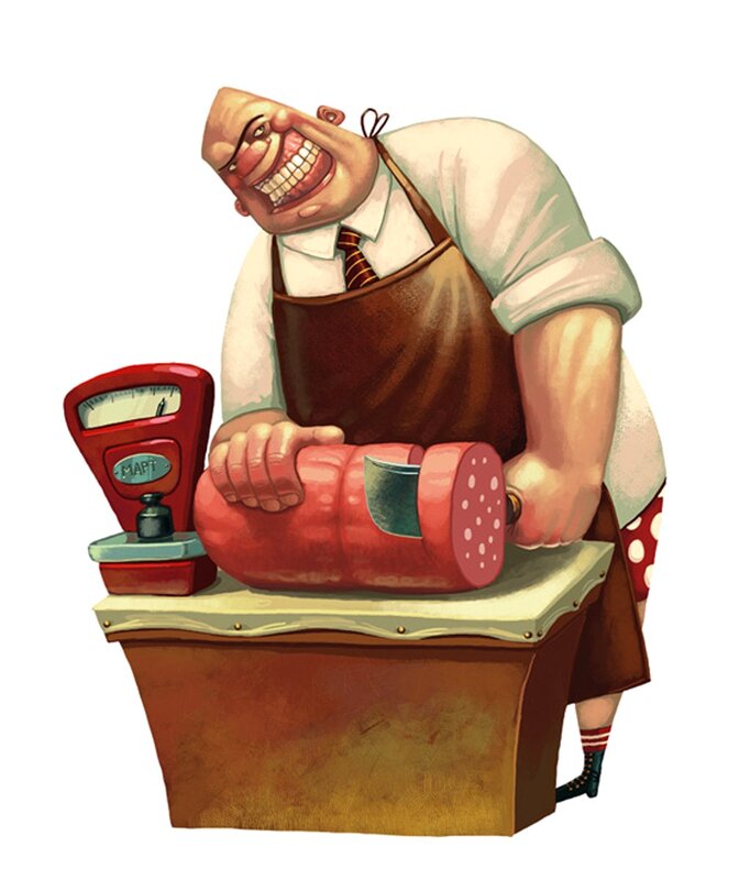Butcher cutting sausage