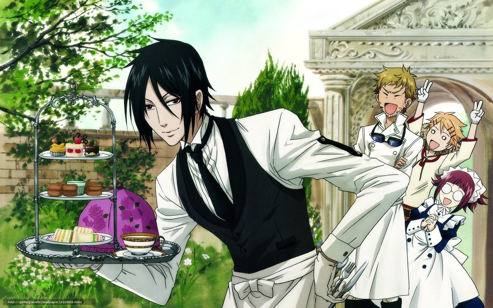 Butler serving tea outdoors