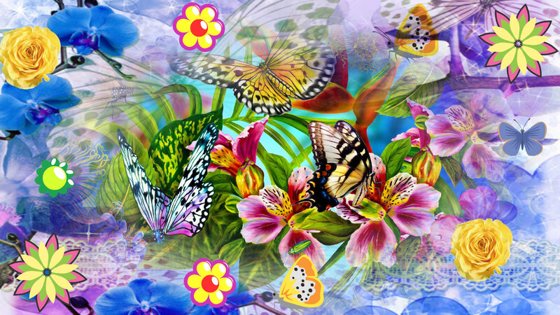 Butterflies Among Flowers — Blue, Vibrant