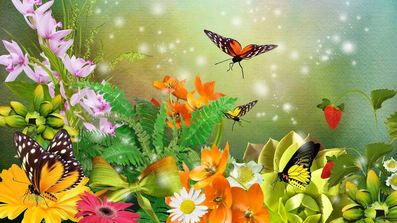 Butterflies Among Flowers — Green, Serene