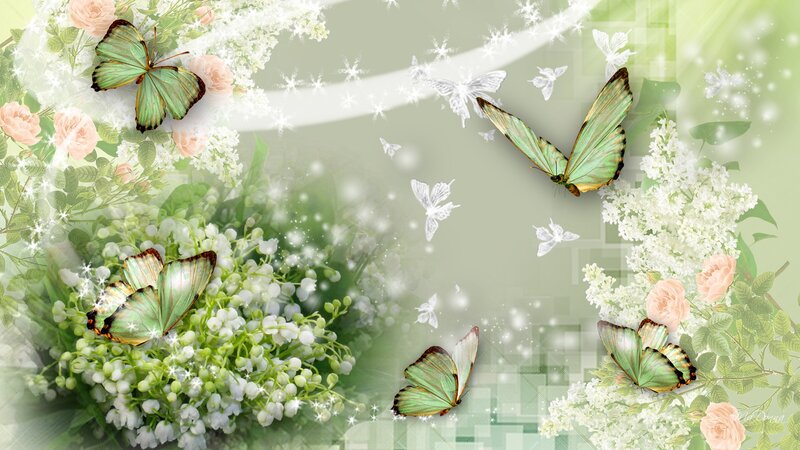 Butterflies Among Flowers — Green
