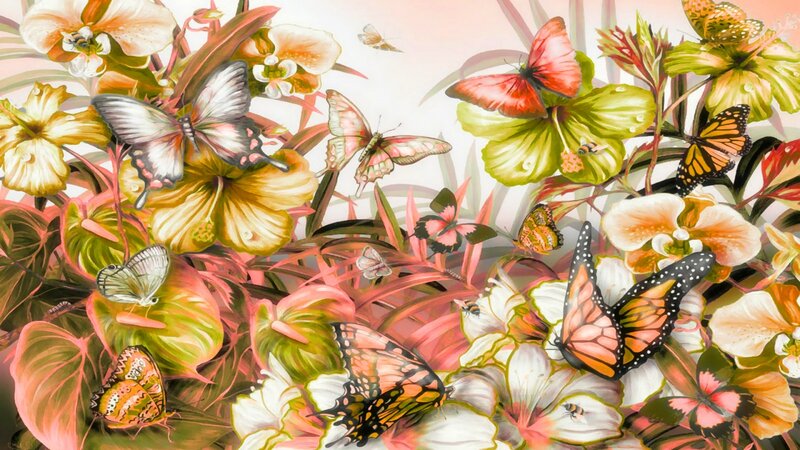 Butterflies Among Flowers — Green, Vibrant, Illustration