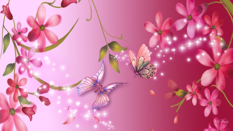Butterflies Among Flowers — Pink, Dreamy