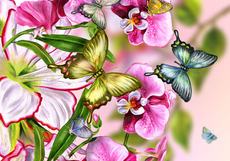 Butterflies Among Flowers — Pink, Serene, Spring, Illustration