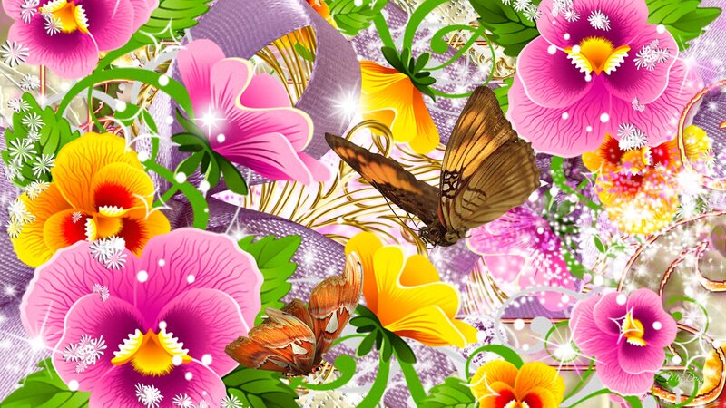 Butterflies Among Flowers — Pink, Vibrant, Digital Art, Leaves