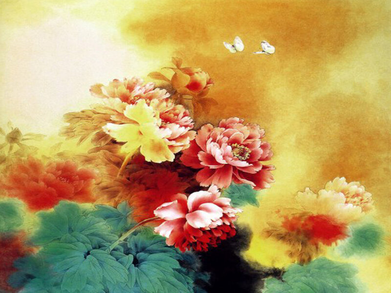 Butterflies Among Peonies