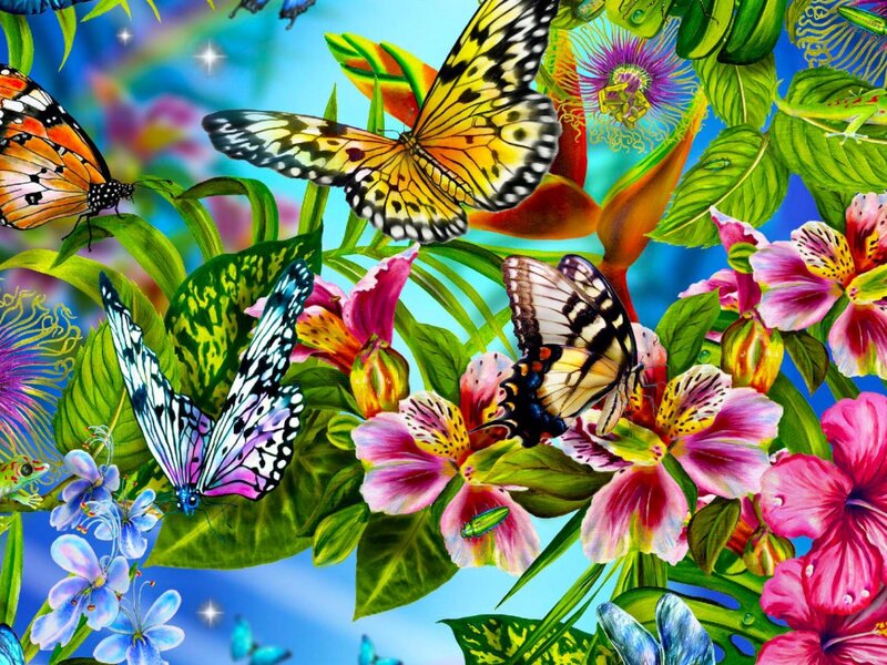 Butterflies Among Tropical Flowers — Green