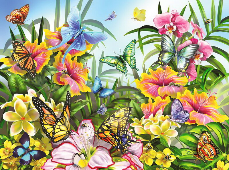 Butterflies Among Tropical Flowers — Pink