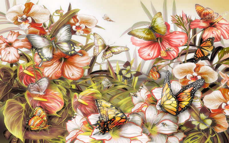 Butterflies Among Tropical Flowers — Red