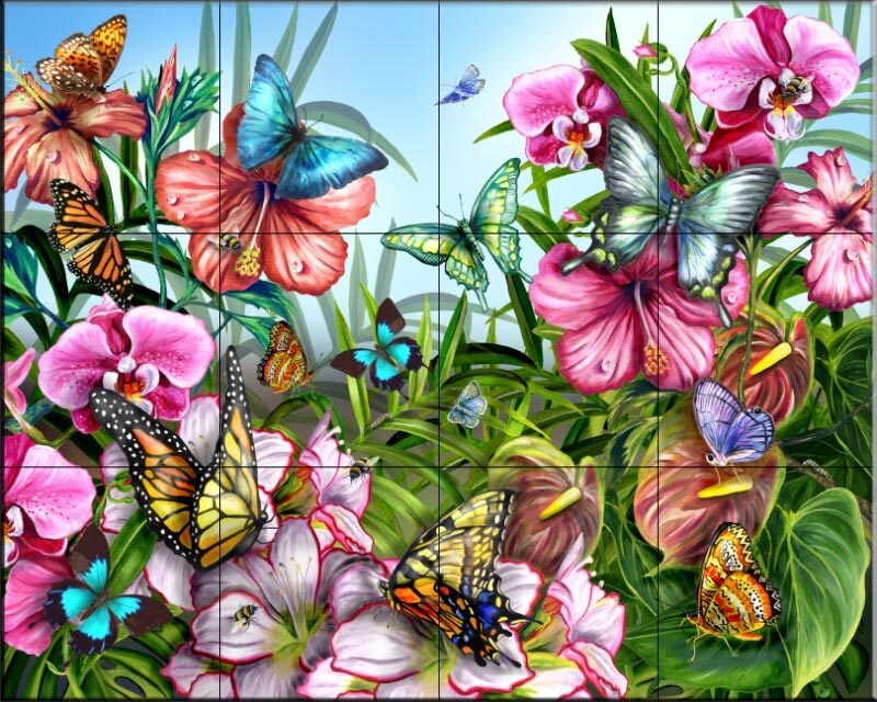 butterflies among tropical flowers
