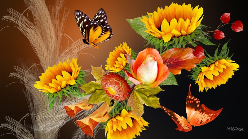 Butterflies and Autumn Flowers — Yellow