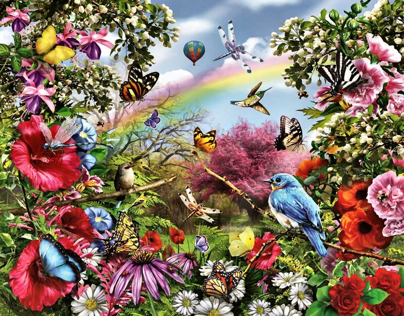 Butterflies and Birds in Garden — Pink