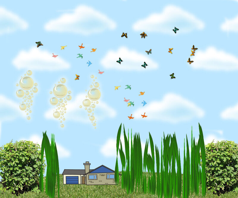 Butterflies and Birds over House