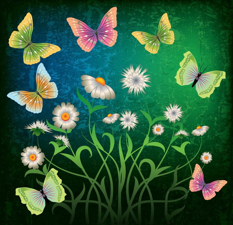 Butterflies and Daisies — Green, Serene