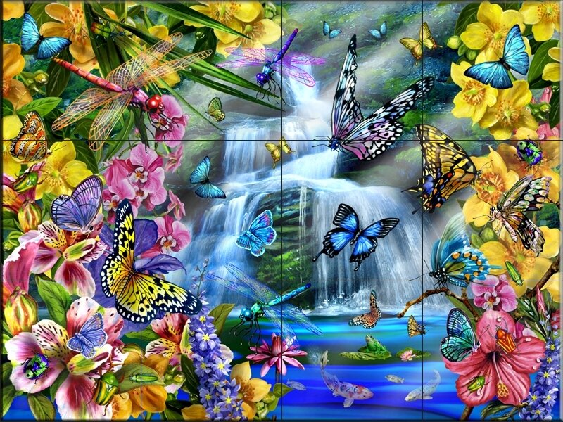 butterflies and dragonflies by a waterfall
