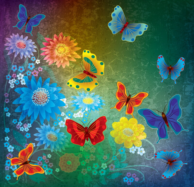 Butterflies and Flowers — Blue, Colorful, Digital Art, Butterfly