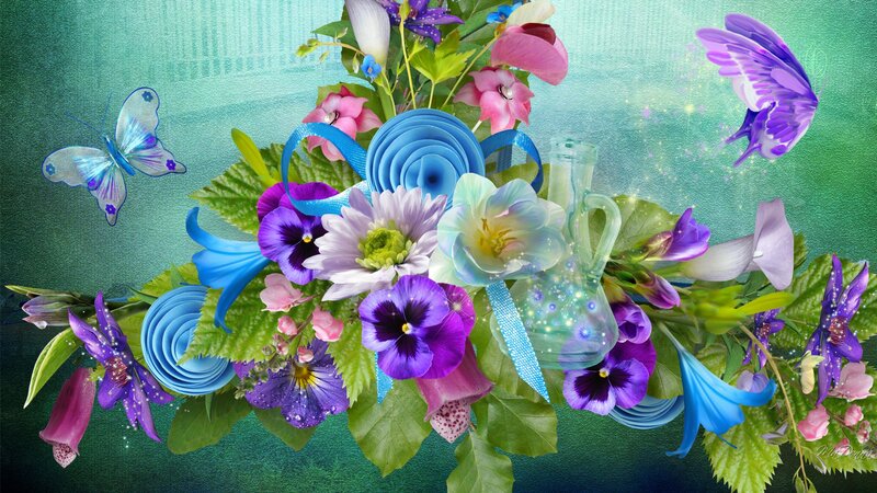 Butterflies and Flowers — Blue, Dreamy, Digital Art, Butterfly