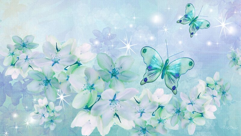 Butterflies and Flowers — Blue, Serene, Digital Art, Stars