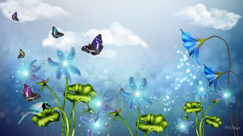 Butterflies and Flowers — Blue, Serene, Digital Art