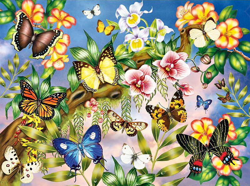 Butterflies and Flowers — Blue, Vibrant, Afternoon, Illustration