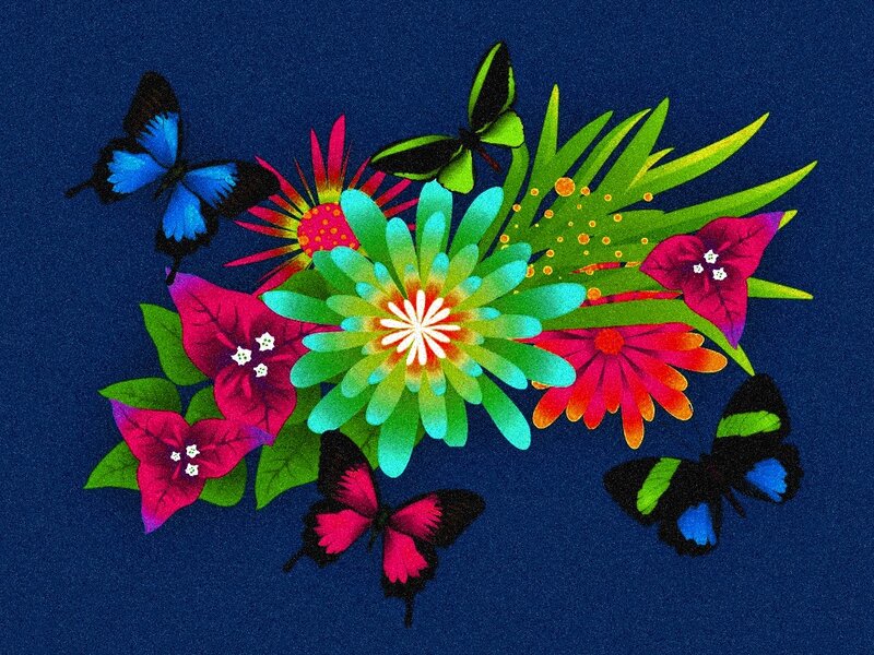 Butterflies and Flowers — Blue, Vibrant, Digital Art, Leaves