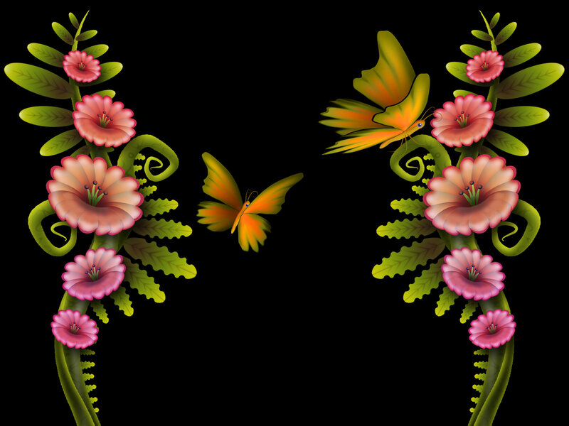 Butterflies and Flowers — Green, Calm, Digital Art, Butterfly