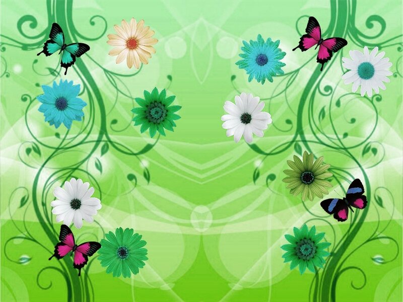 Butterflies and Flowers — Green, Calm, Digital Art