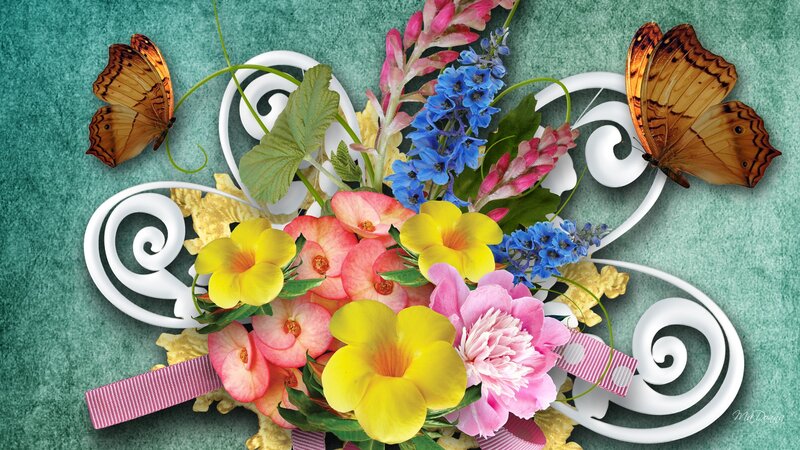 Butterflies and Flowers — Green, Colorful