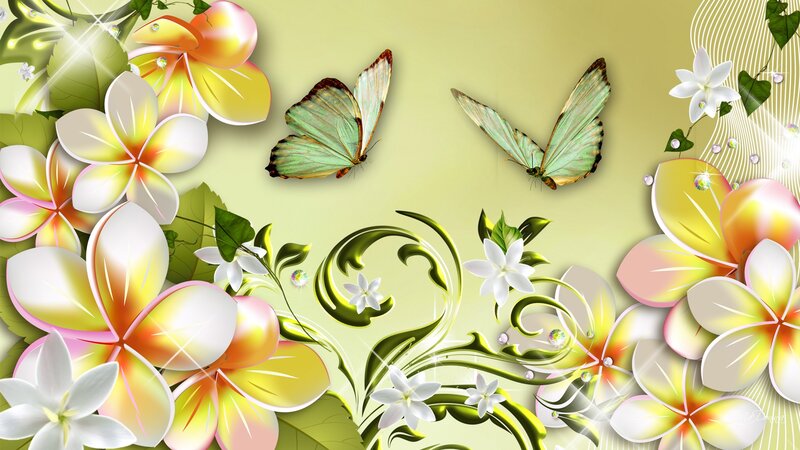 Butterflies and Flowers — Green, Serene, Digital Art, Leaves