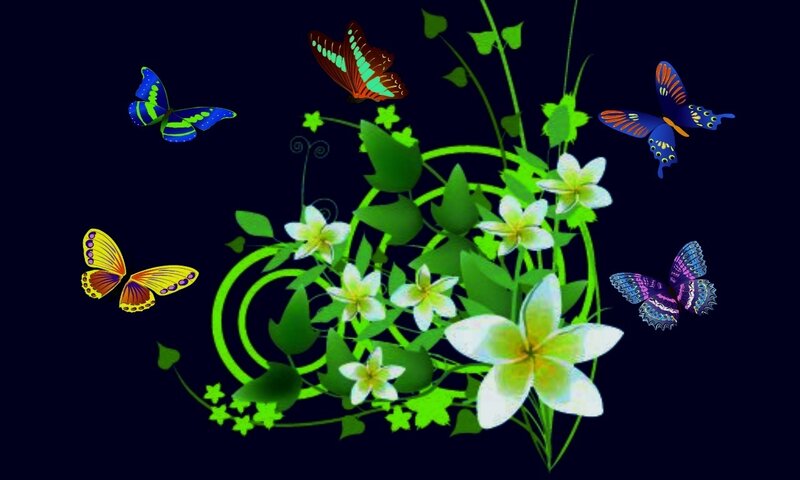 Butterflies and Flowers — Green, Serene, Night, Digital Art