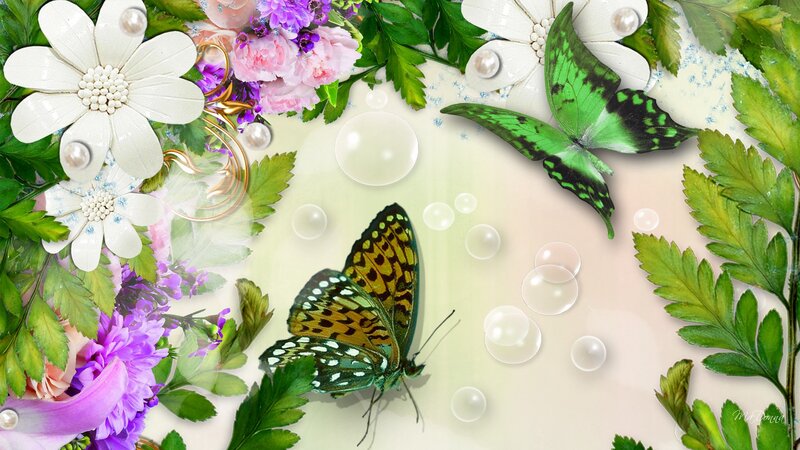 Butterflies and Flowers — Green, Serene, Spring, Digital Art, Leaves