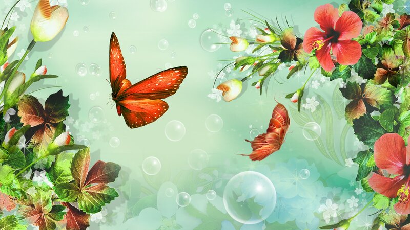 Butterflies and Flowers — Green, Serene, Spring, Digital Art