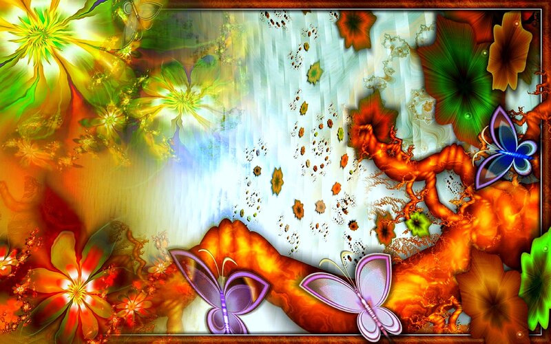 Butterflies and Flowers — Green, Vibrant, Digital Art, Butterfly
