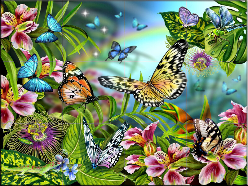 Butterflies and Flowers — Green, Vibrant, Illustration