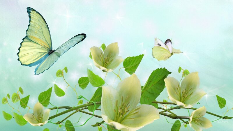 Butterflies and Flowers — Light Green