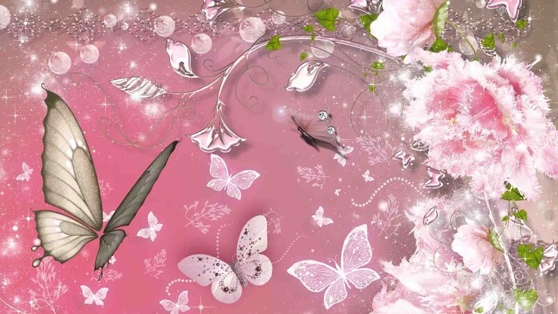 Butterflies and Flowers — Pink, Dreamy, Digital Art, Butterfly