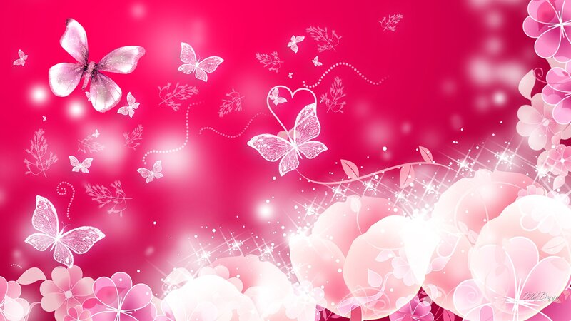 Butterflies and Flowers — Pink, Dreamy, Digital Art, Heart